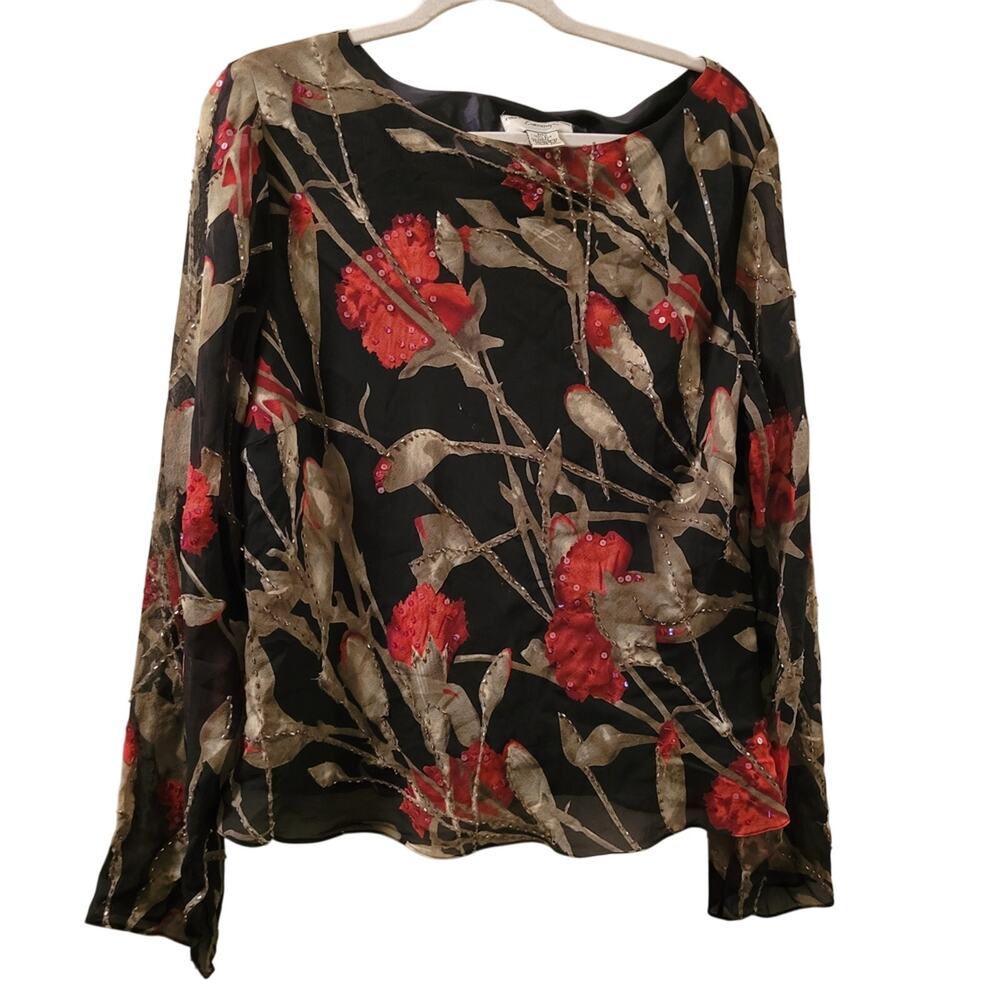 Vtg Silk Beaded Floral Sheer Top Lettuce Hem Whimsigoth Fairy Grunge Romantic XL